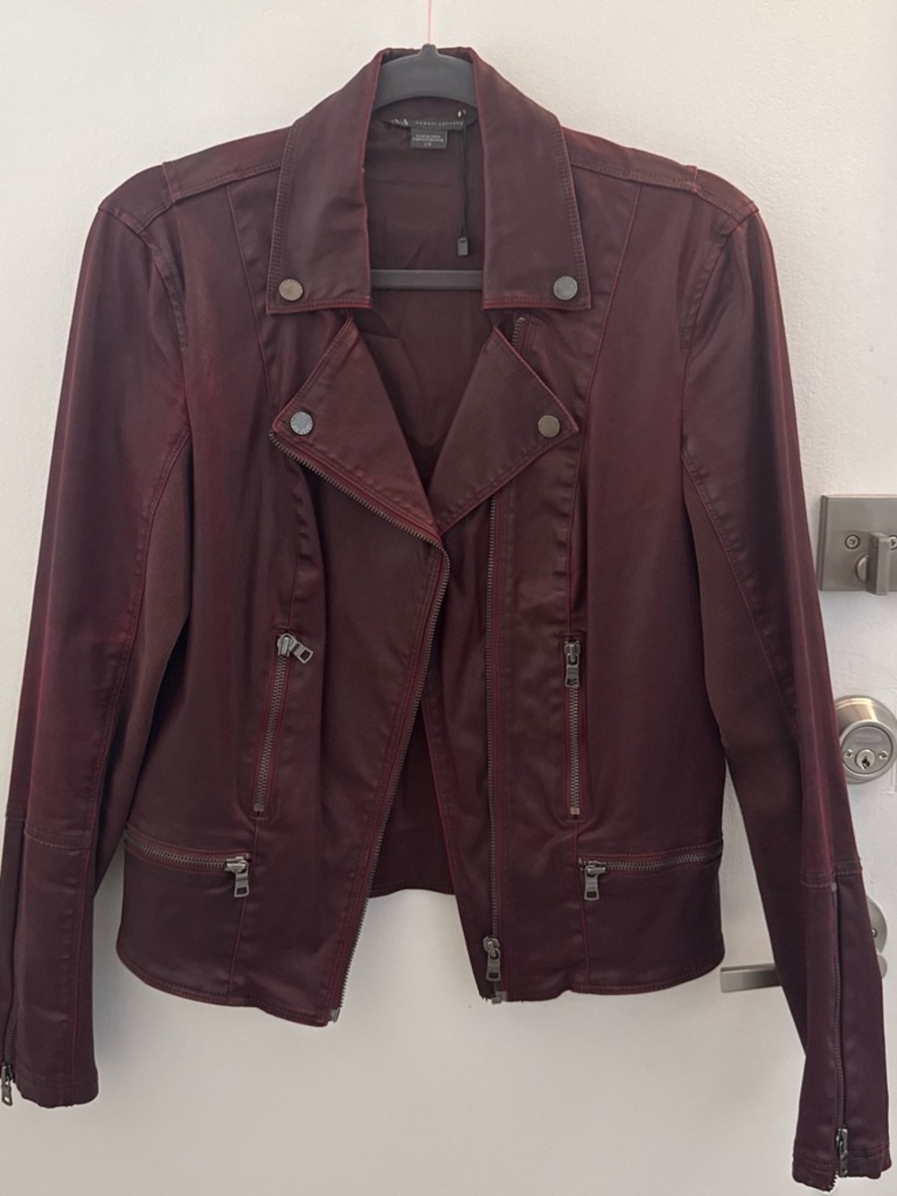 Armani Exchange Women's Burgundy Leather Moto Jacket